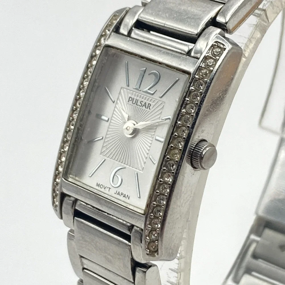 Pulsar Womens Tank Watch 18mm Silver Tone Crystals 1N00-X265 New Battery 6.5